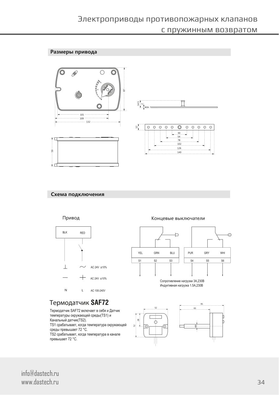 Размеры и схема подключения электропривода Dastech FR-03N220S